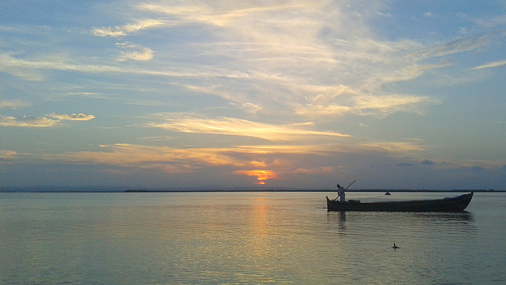 Lac, bateau, coucher de soleil, Espagne, calme, calme