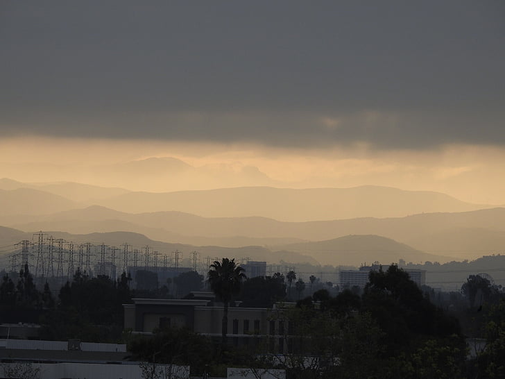 ciudad, montaña, Haze, capas, color de malva, cartel, puesta de sol