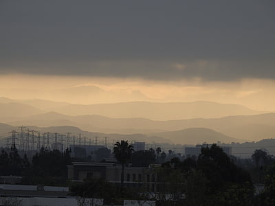 City, Mountain, tåge, lag, lilla, plakat, Sunset