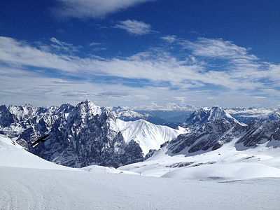 zimowe, góry, śnieg, alpejska, masyw, Zugspitze, horyzont