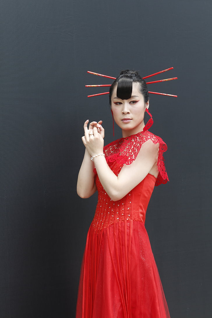 model de, clàssica, bellesa, dona, vestit vermell, Àsia, tradicional