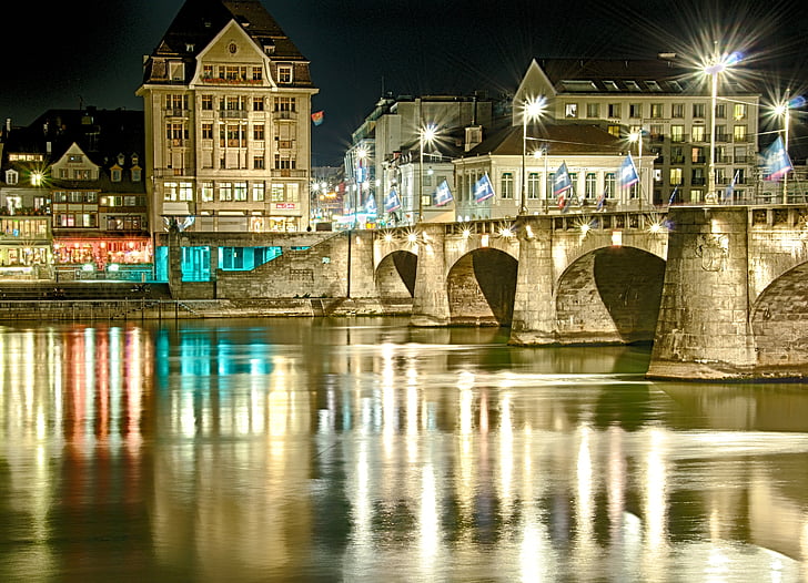 Basel, Rijn, nacht, verlichting, spiegelen, goud, atmosferische