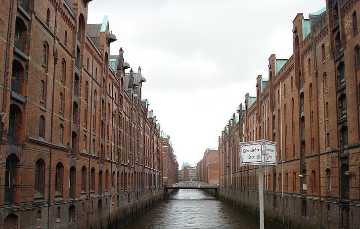 Hamburg, Speicherstadt, régi speicherstadt, építészet, Kontorhaus, csatorna, raktár