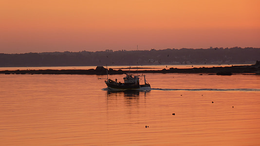 naplemente, tenger, Bretagne-i, Franciaország, Concarneau, horgászcsónak, természet