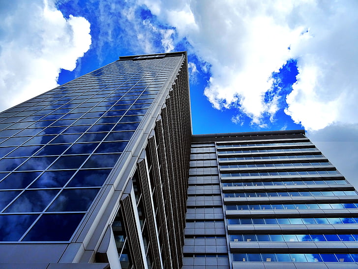 architecture, bâtiment, nuages, faible angle de tir, point de vue, gratte-ciel, moderne