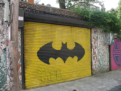 garáž, Batman, dveře, unikátní, městský, návrh, graffiti