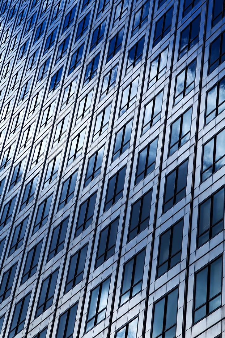 het platform, gebouw, glas, patroon, perspectief, Windows, blauw