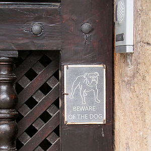 front door, detail, beware, warning, please note, entrance, guard dog