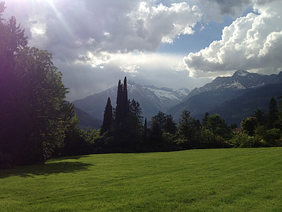 south tyrol, meran, meadow, nature, sky, mountains, clouds