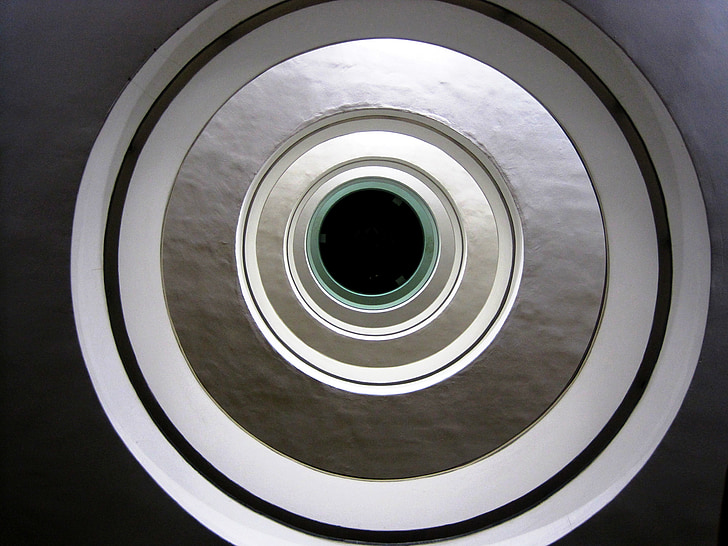 circular, repeat, round, concentric, stairwell, white, light and shadow