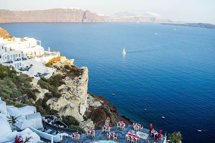 Santorini, Oia, Griekenland, eiland, Egeïsche zee, het platform, zomer