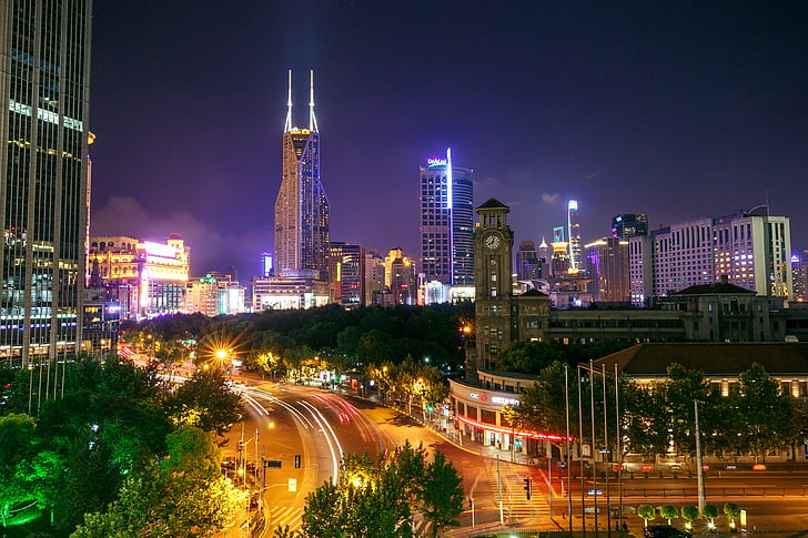 architecture, buildings, city, city lights, cityscape, dusk, evening