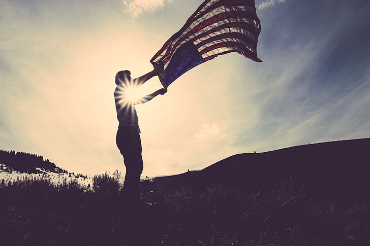 Silhouette, người đàn ông, vẫy tay chào, lá cờ, Mỹ, cỏ, lĩnh vực