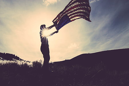 силует, мъж, къдрене, флаг, Америка, трева, поле