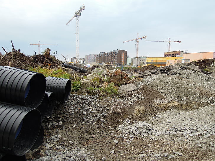 chantier de construction, tubes, tube, sable, Crane, immeuble d’habitation, Finnois
