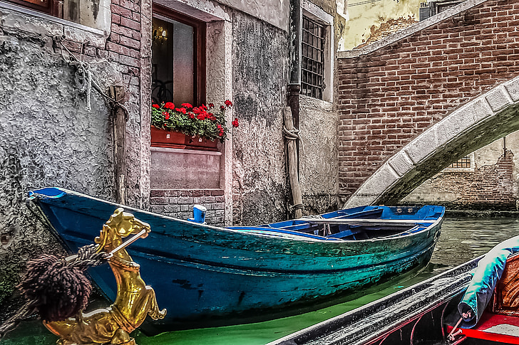 Veneza, gôndola, barco, cores, azul, Aqua, velho