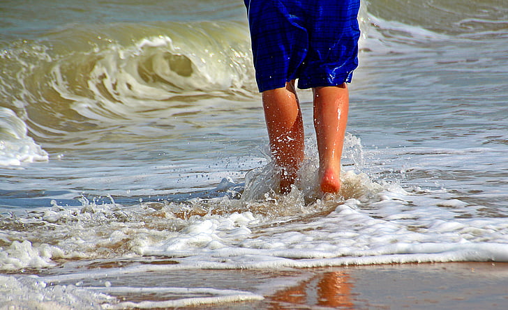 kaki, kaki, pasir, air, gelombang, pergi, semprot