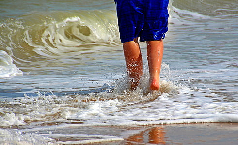 peus, cames, sorra, l'aigua, ona, anar, esprai