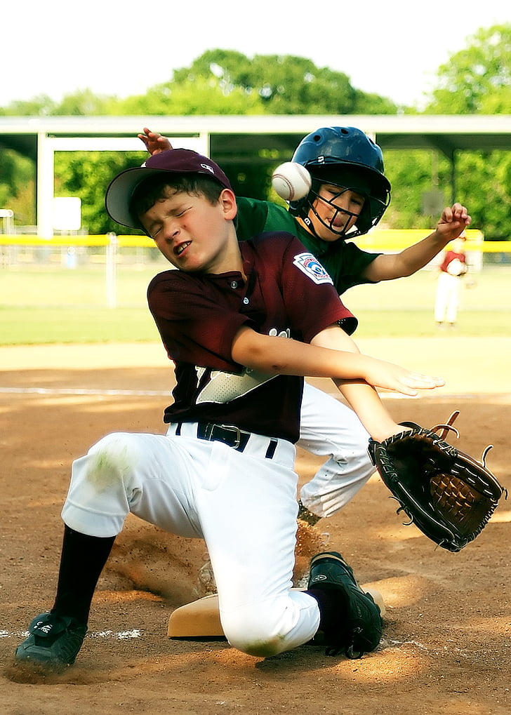 baseball, Little League-ben, csúszó, sport, ütközés, Akció, Dirt