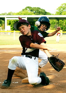 baseball, little league, sliding, sport, collision, action, dirt