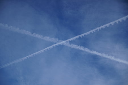 contrail, sky, cross, aircraft, traces, clouds