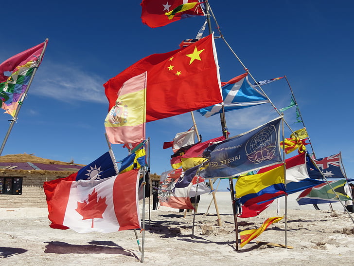 vlaggen, wereld, Uyuni, Salar, Bolivia, zout, woestijn
