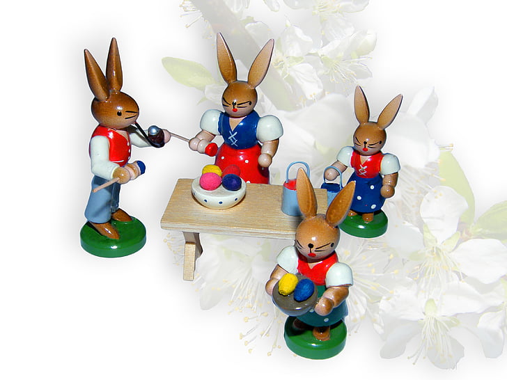 easter bunny, figures, colorful, easter, paint, egg, team