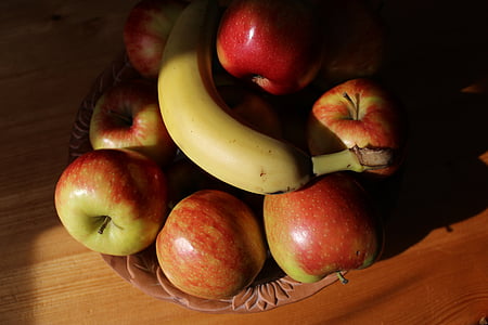 Klusā daba, ābolu, augļi, augļu vāzi, augļi, banānu, veģetārietis