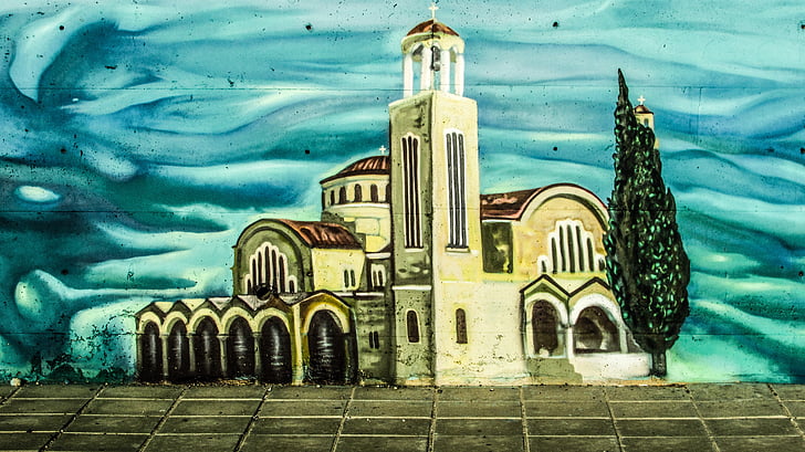 Kipras, Paralimni, grafiti, bažnyčia, stačiatikių, religija