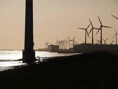 evening light, ems, harbour entrance, power generators, windmills, wind energy, autotransporter