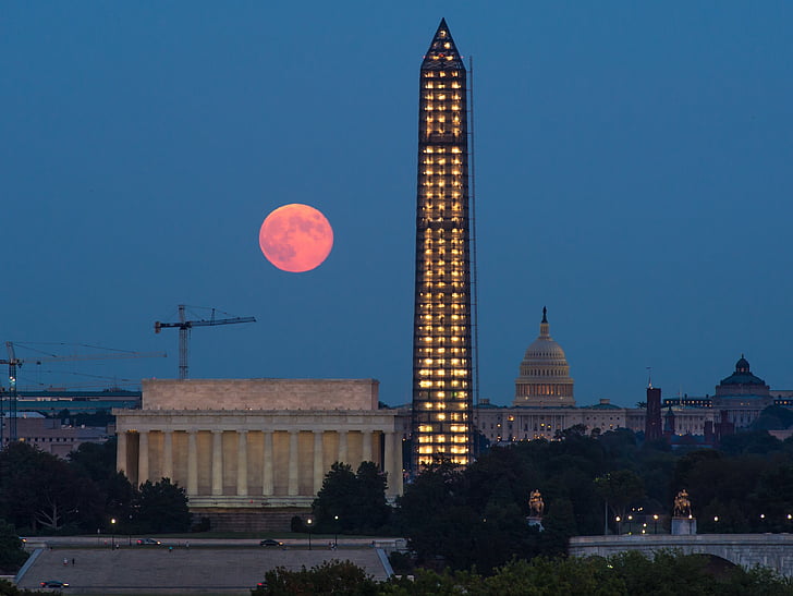 supermoon, full, perigee, natt, Washington monument, Lincoln memorial, glødende