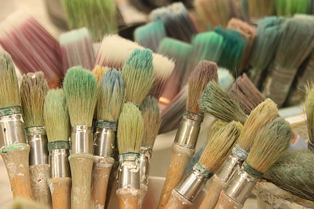 festészet, kefe, művészi, műhely, multi-színes, vagy objektumok csoportja, nem az emberek