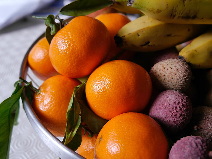 voće, naranče, zdjela, banane, liči