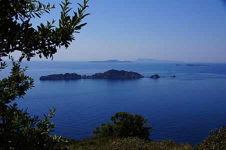 Corfu, zee, geboekt, natuur, blauw, landschap, berg