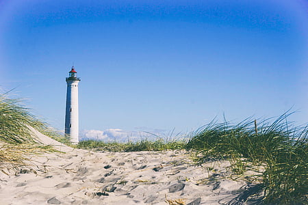 lighthouse, beach, sand, shore, coast, tourism, landmark