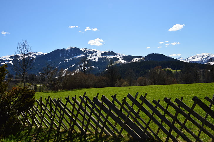 cerca de madera, Kitzbühel, primavera, naturaleza, montaña, cerca de, paisaje