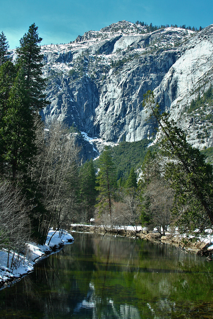 Yosemite, sneeuw, nu, water, wateroppervlak, oppervlak van de rivier, spiegel