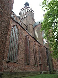 Stralsund, Mecklenburg-Vorpommern, kyrkan, arkitektur, byggnad, fasad, tegelhus