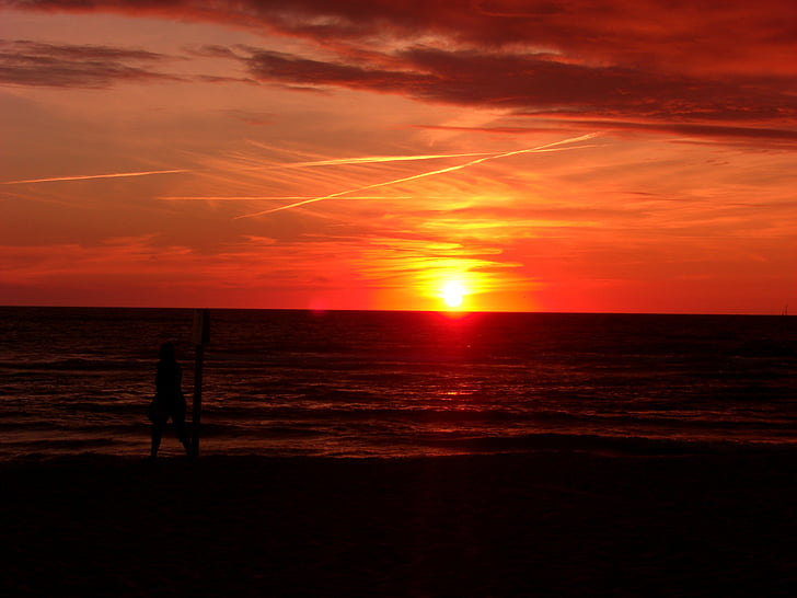 saulriets, Sylt, tovakar, kad metās krēsla, mākoņi, sarkana, jūra, pludmale