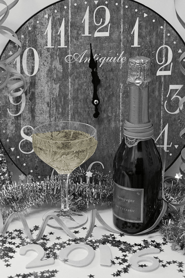 nyttårsaften, nyttårsdag greetings, klokke, champagne, nyttår, abut, drikke