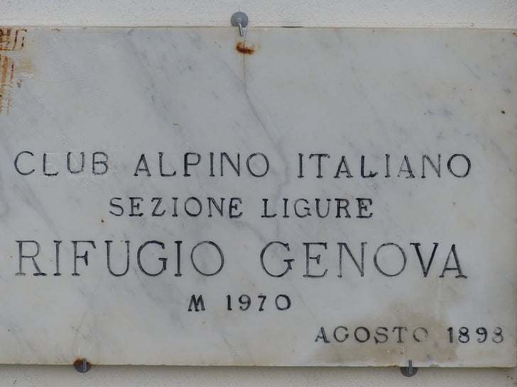 információs tábla, Kunyhó, alpesi kunyhó, a Rifugio genova, márványlap, Grande traversata delle alpi, GTA