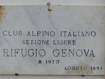 panell d'informació, Cabana, Cabana alpí, Rifugio genova, llosa de marbre, Grande traversata delle alpi, GTA