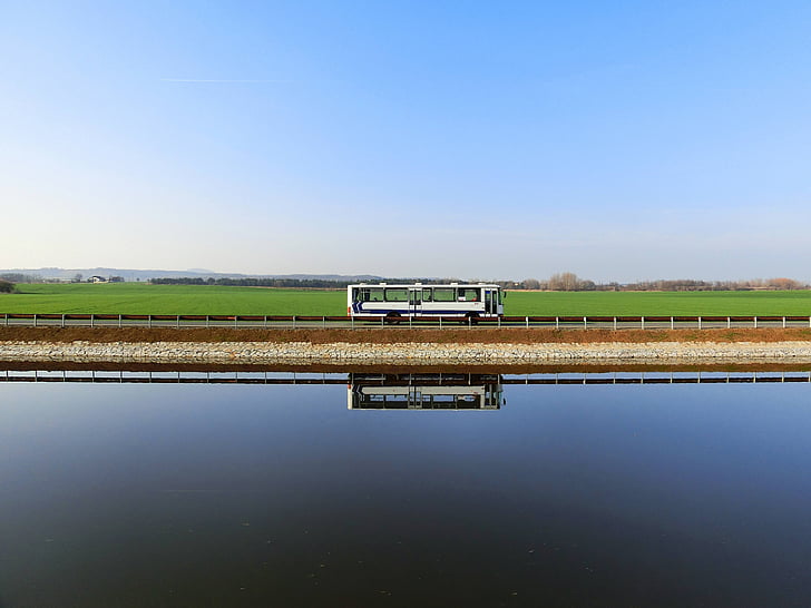 bus, riverside, sky, mirroring, landscape, travel, background