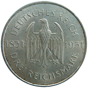 Reichsmark, mündi, raha, mälestus, Weimari Vabariik, numismaatika, Ajalooline