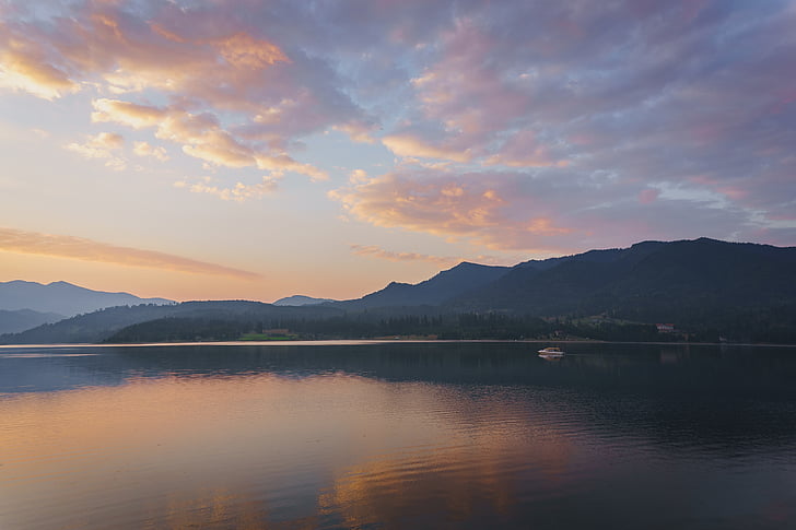 montagne, orange, coucher de soleil, Lac, eau, horizon, paysage