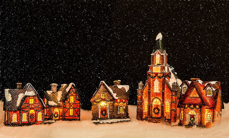 Vianočné dekorácie, kostol, domy, osvetlené, malá dedina, Advent, Deco