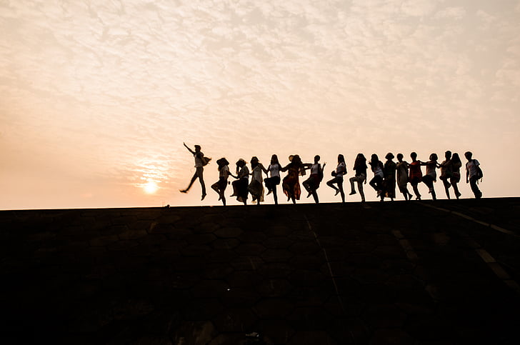sunset, silhouette, party, youth, people, group Of People, men