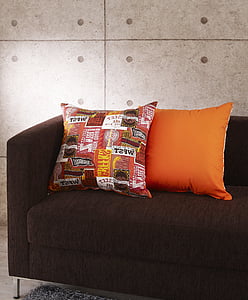 kudde, dynor, tyg soffa, orange färg, interiör