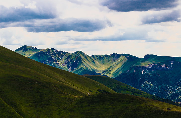 highland, green, grass, mountain, sky, cloud, view