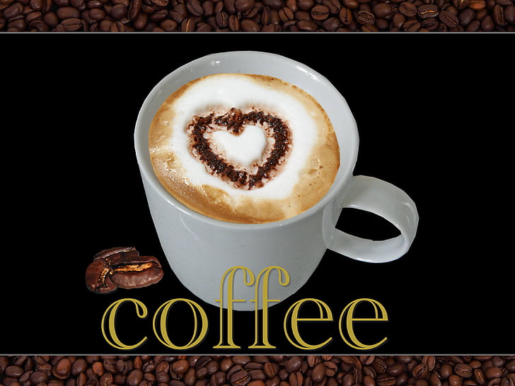 Kawa, serce, ziarna kawy, uwielbiam kawę, gorąca miłość, podwójne serca, pianki